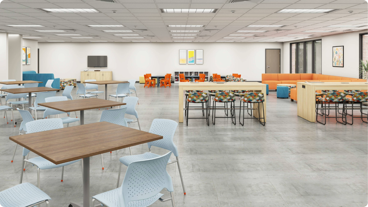 A Shared Living Space with colorful seating, chairs, tables, couches, ottomans. A Shared Living Space with colorful seating, chairs, tables, couches, ottomans.